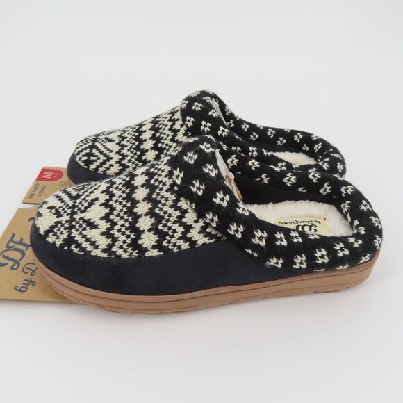 Dearfoams Medium 7-8 Black Cream Knit Memory Foam Indoor Outdoor Slippers NEW - Picture 4 of 14